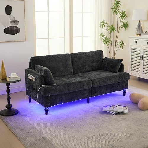 OKMYHOME Sofas – modernes 2-Sitzer-Sofa für Wohnzimmer mit Aufbewahrung, LED und USB-Anschluss, Bezug aus Chenille, 175 x 83 x 78 cm – Schwarz von OKMYHOME