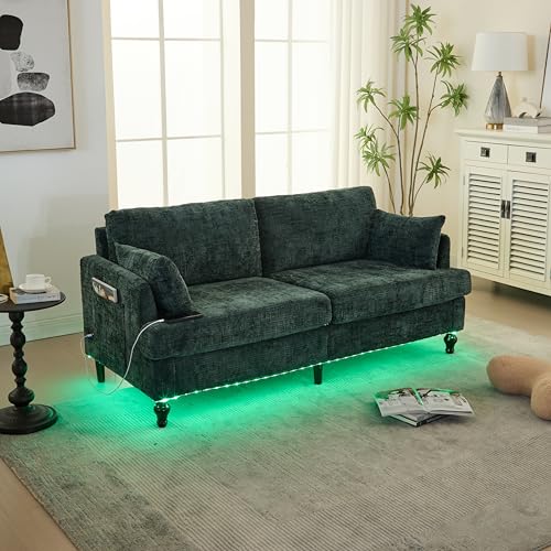 OKMYHOME Sofas – modernes 2-Sitzer-Sofa für Wohnzimmer mit Aufbewahrung, LED und USB-Anschluss, Bezug aus Chenille, 175 x 83 x 78 cm – Smaragdgrün von OKMYHOME