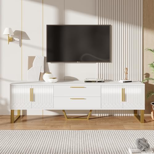 OKMYHOME TV-Lowboard mit 2 Schubladen und geschnitzten Türen – MDF – 170 x 40 x 53,5 cm – Weiß und Gold von OKMYHOME