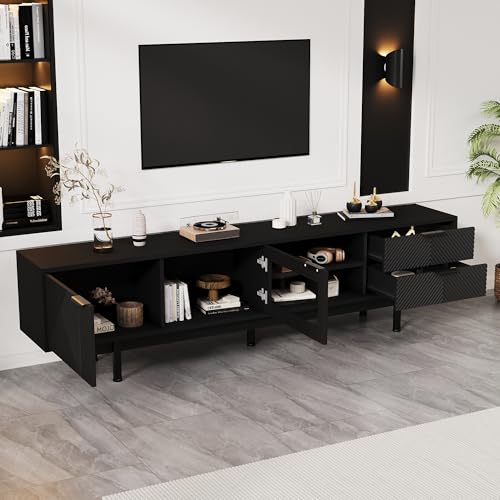 OKMYHOME TV-Möbel, 200 x 40 x 50,5 cm, 2 Türen und 2 Schubladen, mit großem Stauraum für Fernseher bis zu 80 Zoll – MDF und Hartglas – Schwarz OKMYHOME TV-Möbel, 200 x 40 x 50,5 cm, 2 Türen und 2 Schubladen, mit großem Stauraum für Fernseher bis zu 80 Zoll – MDF und Hartglas – Schwarz von OKMYHOME