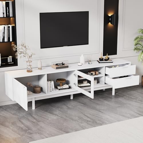 OKMYHOME TV-Möbel, 200 x 40 x 50,5 cm, 2 Türen und 2 Schubladen, mit großem Stauraum für Fernseher bis zu 80 Zoll – MDF und Hartglas – Weiß OKMYHOME TV-Möbel, 200 x 40 x 50,5 cm, 2 Türen und 2 Schubladen, mit großem Stauraum für Fernseher bis zu 80 Zoll – MDF und Hartglas – Weiß von OKMYHOME