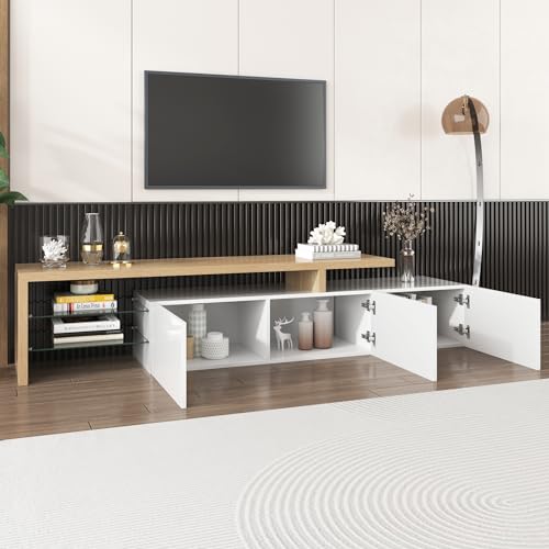 OKMYHOME TV-Möbel Holz und Weiß glänzend mit LED, 3 Türen und Ablagen aus Glas, MDF E1, 197,5 x 39 x 42 cm, Weiß und Holz OKMYHOME TV-Möbel Holz und Weiß glänzend mit LED, 3 Türen und Ablagen aus Glas, MDF E1, 197,5 x 39 x 42 cm, Weiß und Holz von OKMYHOME