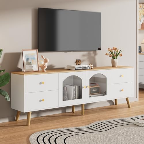 OKMYHOME TV-Möbel – TV-Schrank weiß mit 2 seitlichen gebogenen Türen und 4 Schubladen, goldfarbene Griffe, MDF, 40 x 160 x 63,5 cm, Weiß + Holz OKMYHOME TV-Möbel – TV-Schrank weiß mit 2 seitlichen gebogenen Türen und 4 Schubladen, goldfarbene Griffe, MDF, 40 x 160 x 63,5 cm, Weiß + Holz von OKMYHOME