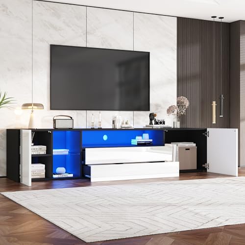 OKMYHOME TV-Möbel auf dem Boden mit 2 Schubladen, 2 Schränken und offenem Regal, LED über Anwendung, Spanplatte + Hartglas, 180 x 40 x 45 cm, Schwarz/Weiß OKMYHOME TV-Möbel auf dem Boden mit 2 Schubladen, 2 Schränken und offenem Regal, LED über Anwendung, Spanplatte + Hartglas, 180 x 40 x 45 cm, Schwarz/Weiß von OKMYHOME