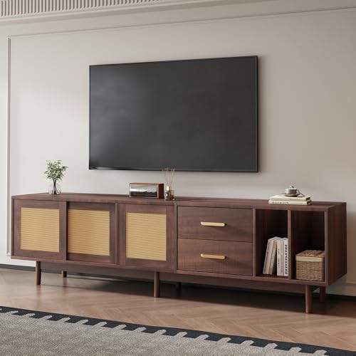 OKMYHOME TV-Möbel mit 2 Schubladen und 2 Türen aus geflochtenem Rattan, für Bildschirme bis zu 80 Zoll, 190 x 40 x 52 cm, Braun von OKMYHOME