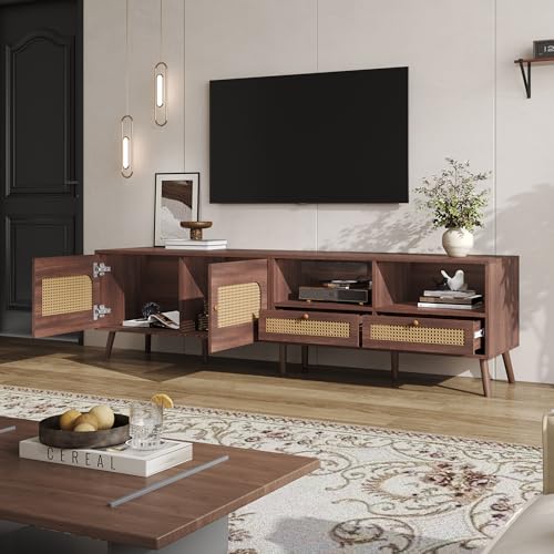 OKMYHOME TV-Möbel mit 2 Türen und 2 Schubladen, Retro-Stil, Natur, aus geflochtenem Rattan, Spanplatte, 200 x 37 x 49,5 cm, Braun OKMYHOME TV-Möbel mit 2 Türen und 2 Schubladen, Retro-Stil, Natur, aus geflochtenem Rattan, Spanplatte, 200 x 37 x 49,5 cm, Braun von OKMYHOME