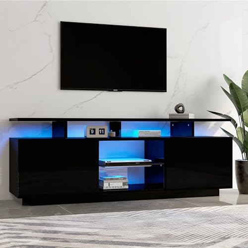 OKMYHOME TV-Möbel mit LED 16 Sekunden und Glasfach, 2 Hochglanztüren, Spanplatte, 140 x 35 x 55 cm, Schwarz OKMYHOME TV-Möbel mit LED 16 Sekunden und Glasfach, 2 Hochglanztüren, Spanplatte, 140 x 35 x 55 cm, Schwarz von OKMYHOME