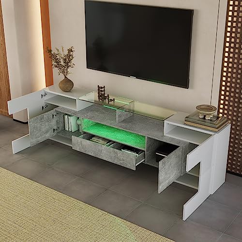 OKMYHOME TV-Möbel mit LED-Beleuchtung und Glasoberfläche, Gestell aus MDF, 200 x 35 x 60 cm, Grau und Weiß OKMYHOME TV-Möbel mit LED-Beleuchtung und Glasoberfläche, Gestell aus MDF, 200 x 35 x 60 cm, Grau und Weiß von OKMYHOME