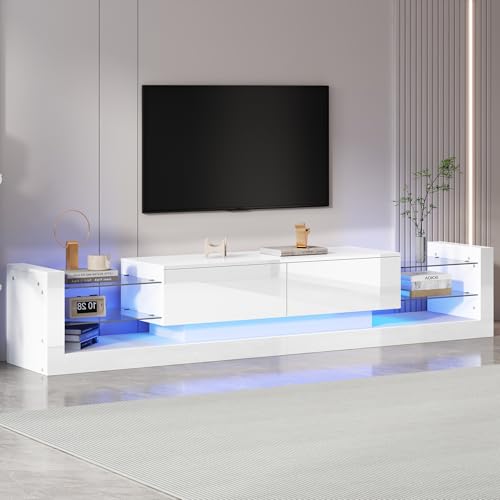 OKMYHOME TV-Schrank 181 cm weiß glänzend mit 2 aufklappbaren Schubladen, LED-Beleuchtung, Glasfront, Spanplatte von OKMYHOME