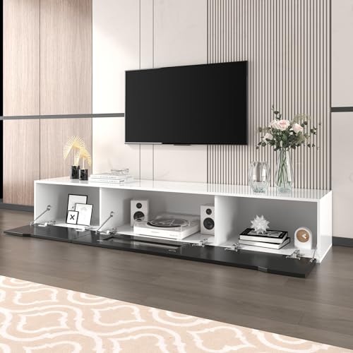 OKMYHOME TV-Schrank mit LED-Beleuchtung, 3 Aufbewahrungsfächer, Spanplatte (MDF), 180 x 35 x 30 cm, Schwarz und Weiß von OKMYHOME