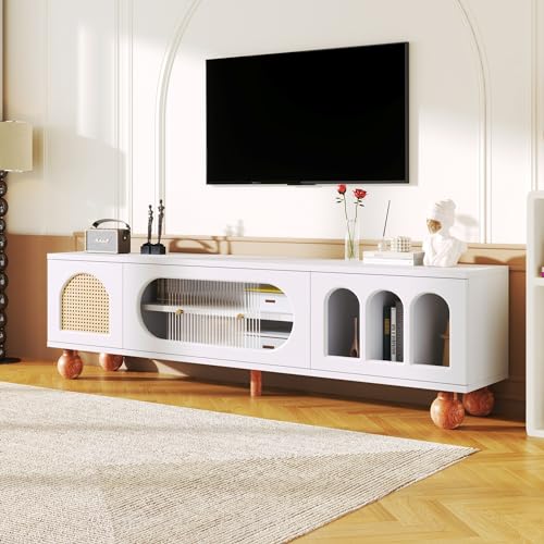 OKMYHOME TV-Schrank mit Rattantür und Glasschiebetür – Spanplatte – 170 x 47 x 37 cm – Weiß und Holz von OKMYHOME
