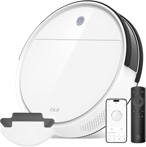 OKP Saugroboter mit Wischfunktion, Superschlank Staubsauger Roboter, WLAN Roboterstaubsauger kompatibel mit WiFi/APP/Alexa, ideal für Hartböden, Teppiche und Tierhaare mit Fernbedienung von OKP