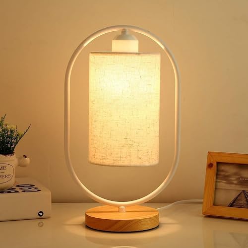 OKSANO Moderne Schreibtischlampen mit Schalter, Leinen Lampenschirm Metall Schreibtisch Licht Holz Nachttisch Nachtlicht für Wohnzimmer, Büro, Zimmer Nachttisch, Schlafzimmer (Weiß) von OKSANO