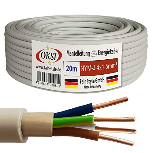 OKSI® OKSI 20m NYM-J 4x1,5 mm² Mantelleitung Feuchtraumkabel Elektrokabel Kupfer Made in Germany 10798, Grau von OKSI