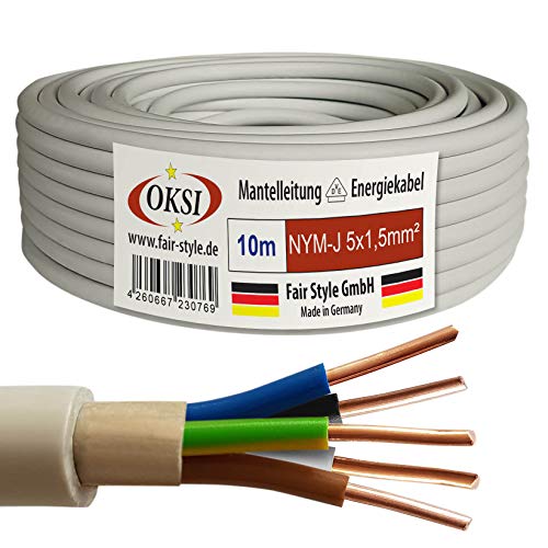 OKSI 10m NYM-J 5x1,5 mm² Mantelleitung Feuchtraumkabel Elektrokabel Kupfer Made in Germany von OKSI