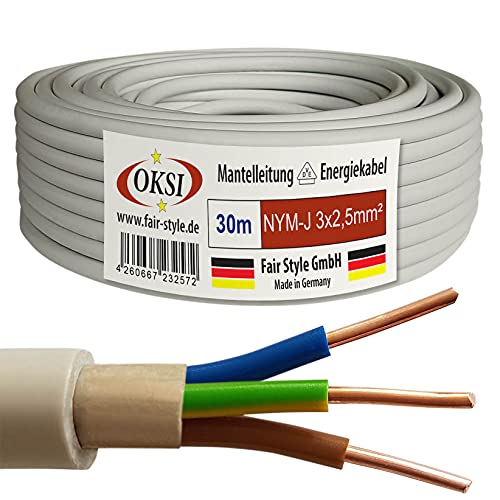 OKSI 30m NYM-J 3x2,5 mm² Mantelleitung Feuchtraumkabel Elektrokabel Kupfer Made in Germany von OKSI