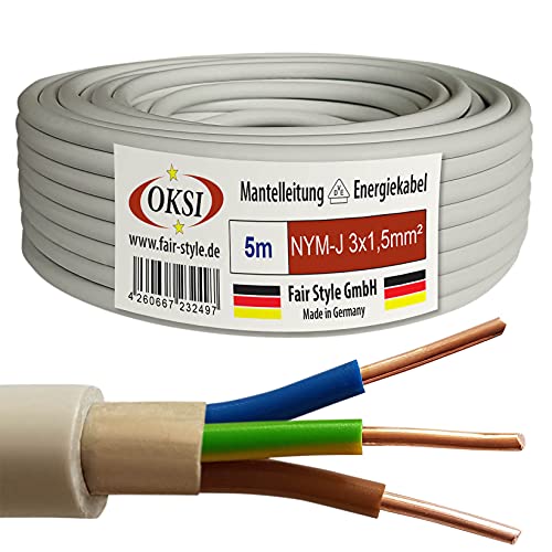 OKSI 5m NYM-J 3x1,5 mm² Mantelleitung Feuchtraumkabel Elektrokabel Kupfer Made in Germany von OKSI