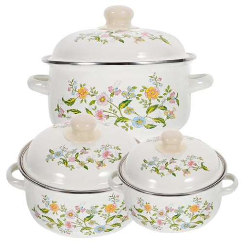 OKUMEYR 3-teiliges Set Topf Aus Emaille Suppentopf Emaille-eintopf Heißer Topf Vintage Kochtopf Suppenkochtopf Emaille-kochgeschirr Koreanischer Ramen-topf Doppelohrtopf Mit Deckel Pfanne von OKUMEYR