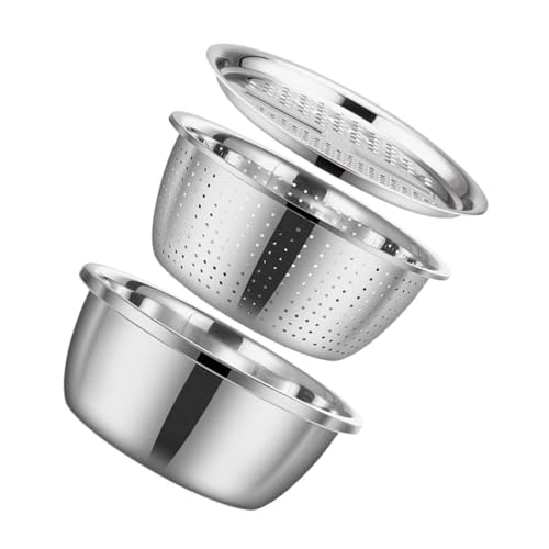 OKUMEYR Multifunktional Edelstahl Becken Colander Sieb Set 3 in 1 Salat Slicer Obst Gemüse Waschsieg Sieb Korb Schale Reis Rinser Futter Gratik Mit Behälter von OKUMEYR