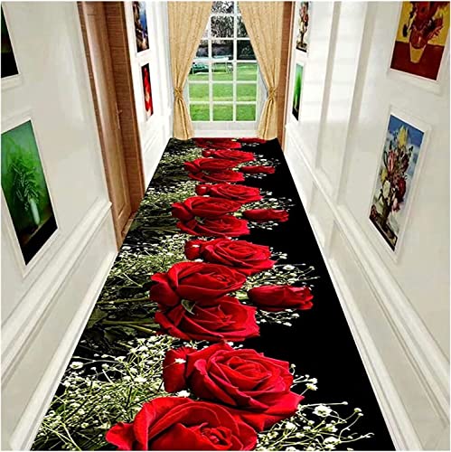 OKUOKA Teppich Läufer - Rosen-Blumen-Muster, Flur Teppich mit rutschfeste Rückseite, Waschbare Teppiche für Schlafzimmer Umweltfreundlich (Size : 100x200cm/3.2x6.5ft) von OKUOKA