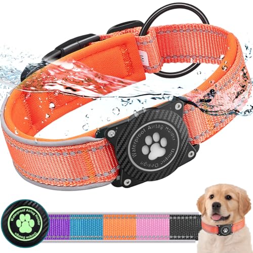 OKVSKO Airtag Hundehalsband mit wasserdichtem Airtag-Halter, leuchtend reflektierend, weich gepolstertes, verstellbares Nylon-Halsband für kleine, mittelgroße und große schwere Hunde, Orange, M von OKVSKO