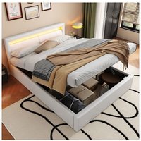 140x190 cm Bett mit Stauraum, mit Lattenrost und Stauraum, beleuchtetes Kopfteil in verschiedenen Farben, in Kunstleder, weiß von OKWISH