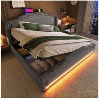 140x200 cm Bettkasten, Doppelbett für Erwachsene, weiches Bett mit Stauraum, USB-Anschluss und LED-Beleuchtung, aus Samt, grau, ohne Matratze 140x200 cm Bettkasten, Doppelbett für Erwachsene, weiches Bett mit Stauraum, USB-Anschluss und LED-Beleuchtung, aus Samt, grau, ohne Matratze von OKWISH