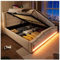 140x200 cm Bettkasten, Doppelbett für Erwachsene, weiches Bett mit Stauraum, USB-Anschluss und LED-Beleuchtung, in Samt, beige, ohne Matratze 140x200 cm Bettkasten, Doppelbett für Erwachsene, weiches Bett mit Stauraum, USB-Anschluss und LED-Beleuchtung, in Samt, beige, ohne Matratze von OKWISH