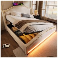 160x200 cm Bettkasten, Doppelbett für Erwachsene, weiches Bett mit Stauraum, USB-Anschluss und LED-Beleuchtung, in Samt, beige, ohne Matratze 160x200 cm Bettkasten, Doppelbett für Erwachsene, weiches Bett mit Stauraum, USB-Anschluss und LED-Beleuchtung, in Samt, beige, ohne Matratze von OKWISH