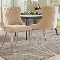 2er-Set Esszimmerstühle mit silbernen Beinen, beiger Samtstoff 2er-Set Esszimmerstühle mit silbernen Beinen, beiger Samtstoff von OKWISH