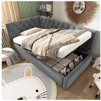 90x200 Kinder-Einzelbett, Schlafsofa mit Stauraum und Lattenrost aus Holz, in Samt, grau, ohne Matratze von OKWISH