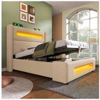 90x200 cm Stauraumbett, Einzelbett für Erwachsene, weiches Bett mit Stauraum, LED-Beleuchtung und USB-Anschluss, Leinenstoff, beige, ohne Matratze 90x200 cm Stauraumbett, Einzelbett für Erwachsene, weiches Bett mit Stauraum, LED-Beleuchtung und USB-Anschluss, Leinenstoff, beige, ohne Matratze von OKWISH
