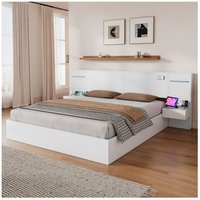 Doppelbett 180x200cm, Erwachsenenbett mit USB-Anschluss, elektronischer Uhr, LED-Beleuchtung und 2 Nachttischen (ohne Schubladen), in mdf, weiß, ohne von OKWISH