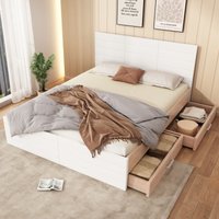Doppelbett aus Holz 160×200cm mit 2 Schubladen, modernes Bett mit Bettgestell und Lattenrost 207×80×165cm (b×h×l) in Eiche/Weiß (ohne Matratze) von OKWISH