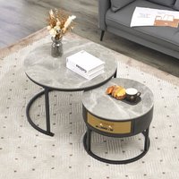 Elegantes zweiteiliges Couchtisch-Set - Platte aus grauem Marmorplatte und Schubladen aus Massivholz, passend zu Grau und Schwarz, 707045,5+505040 cm von OKWISH