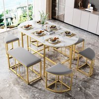Essgruppe, (1 Tisch, 4 Hocker und 2 bank, 7-tlg., Tisch in Marmoroptik), Hocker mit gepolstert Weiß+Gold OKWISH - Gold von OKWISH