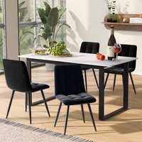 Essgruppe (Set, Esstisch 140/180×80×75 cm mit 4 Stühlen), modernes Küchentischset, Esszimmerstühle aus schwarzem Samt, weiße MDF-Tischplatte, von OKWISH