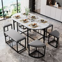 Essgruppe (Set, mit Esstisch, 4 kleinen Hockern und 2 großen Hockern), modernes Küchen-Esstisch-Set mit weißer und schwarzer Stahlkonstruktion, 140 x von OKWISH