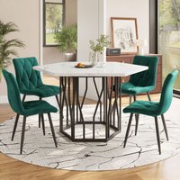 Okwish - Esstisch- und Stuhlset (5-teiliges Set), moderner sechseckiger Marmor-Esstisch + 4 Esszimmerstühle aus grünem Samt, um ein warmes und von OKWISH