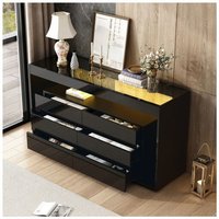 Glänzend schwarzes Sideboard, quadratische Kommode mit 6 großen Schubladen, mit Platte aus gehärtetem Glas und doppelschichtigem Design, für von OKWISH