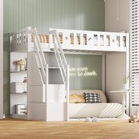 Hochbett 90200 cm, mit Stauleiter und Regalen, Einzelbett aus Holz, Jugendbett, Kinderbett, Massivholzstruktur, weiß von OKWISH
