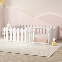 Kinderbett 140 x 200 cm, Bettgestell aus Holz mit Umrandung und Tür, weiß Kinderbett 140 x 200 cm, Bettgestell aus Holz mit Umrandung und Tür, weiß von OKWISH