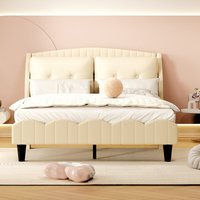 Kinderbett Polsterbett 140 x 200 cm mit Lattenrost, Rückenlehne und zwei großen Kissen, Doppelbett aus PU-Leder, geeignet für Erwachsene und von OKWISH