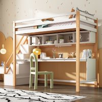 Kinderhochbett mit Stauraumtreppe 90200cm, aus Kiefernholz, Etagenbett, Kinderbett mit großen Schreibtisch und Regalen, Umweltfreundliche von OKWISH