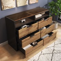 Kommode aus bernsteinfarbenem Glas, Sideboard mit Metallgriffen, Kommode mit 6 Schubladen und 2 Fächern, kippsicher, 120 x 40 x 80 cm, Eiche von OKWISH