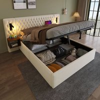 Komplettes Bettsystem-Set für Schlafzimmer, Steppbett, hydraulisches Stauraumbett, Doppelbett 160 x 200 cm mit 2 Nachttischen, Kopfteil-Leselampe mit von OKWISH