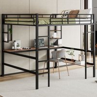 Metallbett mit Bettgestell 140x200cm, Eisenbett mit Schreibtisch, Hochbett mit vier kleinen Regalen und einem großen Bücherregal für Kinder, Metallbett mit Bettgestell 140x200cm, Eisenbett mit Schreibtisch, Hochbett mit vier kleinen Regalen und einem großen Bücherregal für Kinder, von OKWISH