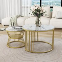 Moderne Nesting Couchtisch, Couchtisch Satz Marmor Furnier Sofa Seite Nest von Tischen Runde Endtische, Satz von 2, Goldene Farbe Frame Weiß OKWISH von OKWISH