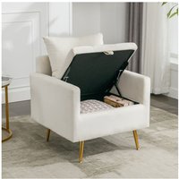 Moderner, minimalistischer Samtstuhl, Sessel, Ottomane mit Stauraum, Dekokissen und Armlehnen-Loungesessel mit goldenen Metallbeinen, Beige Okwish von OKWISH
