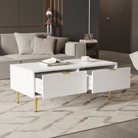Moderner weißer Couchtisch mit goldenen Akzenten, 2 Schubladen, vertikal gestreiftes Design, 1005040 cm, Wohnzimmer-Couchtisch, kurzes Sofamöbel Moderner weißer Couchtisch mit goldenen Akzenten, 2 Schubladen, vertikal gestreiftes Design, 1005040 cm, Wohnzimmer-Couchtisch, kurzes Sofamöbel von OKWISH
